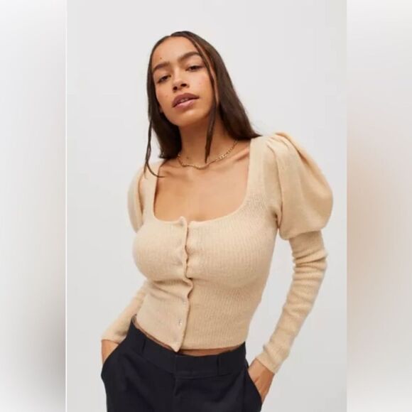 Urban Outfitters Ashley Puff Sleeve Cardigan in Neutral - Picture 1 of 12